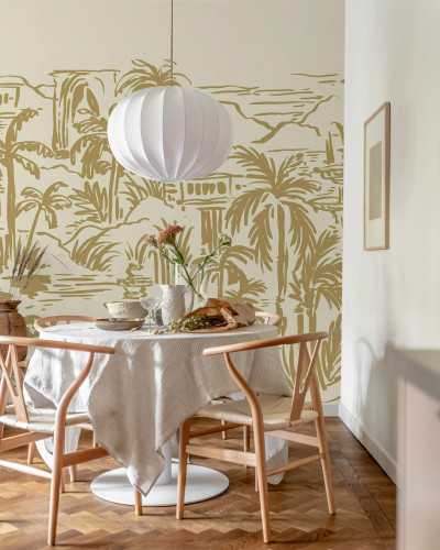 Tapet cu design tropical, oază cu palmieri galbeni