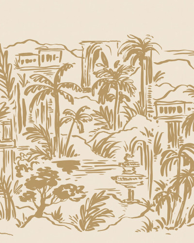 Tapet cu design tropical, oază cu palmieri galbeni