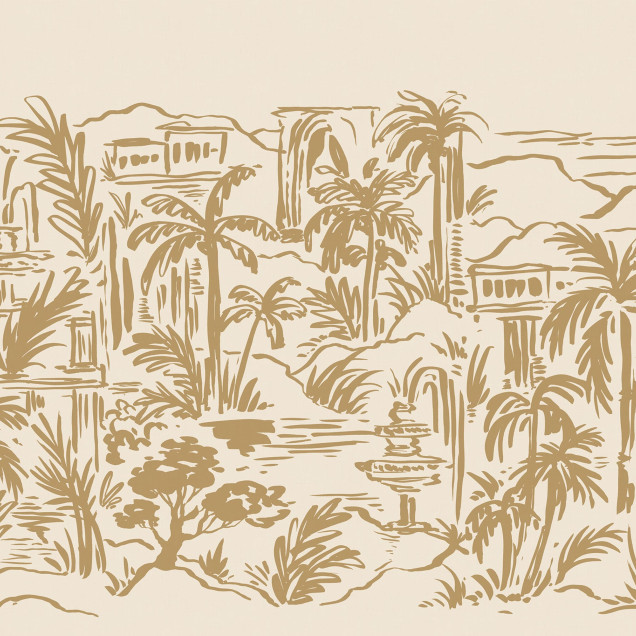 Tapet cu design tropical, oază cu palmieri galbeni