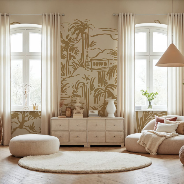 Tapet cu design tropical, oază cu palmieri galbeni