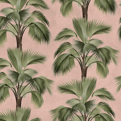 Tapet cu palmieri tropicali pe fundal roz, creând un decor interior relaxant