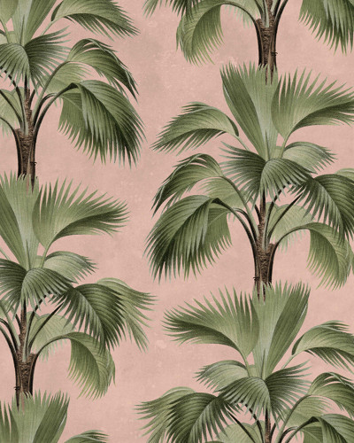 Tapet cu palmieri tropicali pe fundal roz, creând un decor interior relaxant