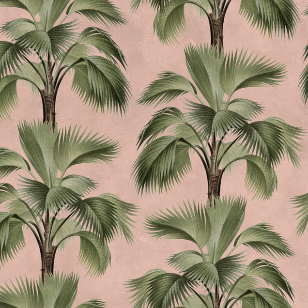 Tapet cu palmieri tropicali pe fundal roz, creând un decor interior relaxant