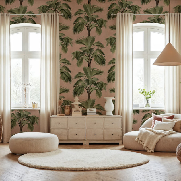 Tapet cu palmieri tropicali pe fundal roz, creând un decor interior relaxant