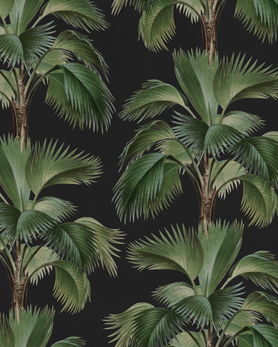 Tapet cu motiv tropical pe fundal negru într-o sufragerie elegantă