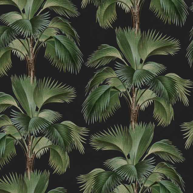Tapet cu motiv tropical pe fundal negru într-o sufragerie elegantă
