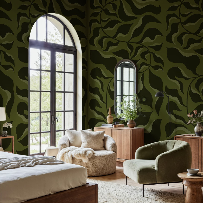 Tapet bej cu design botanic în dormitor