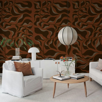 Tapet cu design botanic în nuanțe ruginii și maro într-un living modern