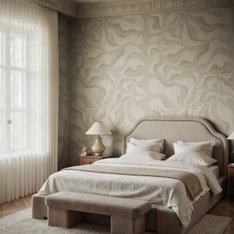 Tapet bej cu design botanic în dormitor