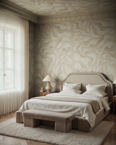 Tapet bej cu design botanic în dormitor