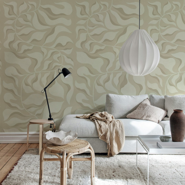 Tapet bej cu design botanic în dormitor
