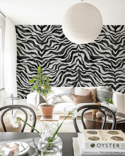 Tapet abstract alb-negru în living modern