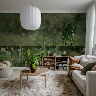 Fototapet cu peisaj tropical luxuriant într-un living elegant.