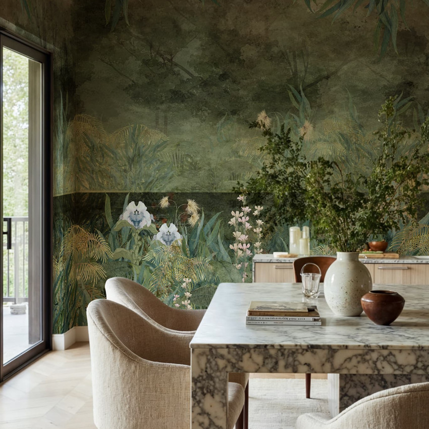 Dormitor cu fototapet tropical cu frunze și flori