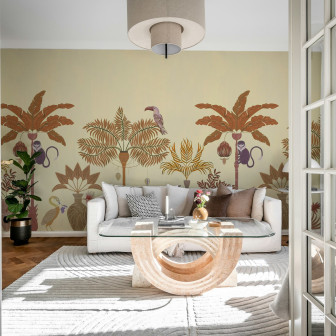 Fototapet bej cu design exotic de savană într-un living elegant