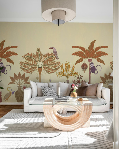 Fototapet bej cu design exotic de savană într-un living elegant