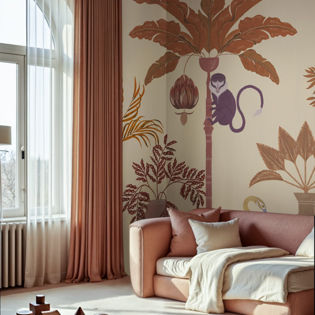 Fototapet bej cu design exotic de savană într-un living elegant