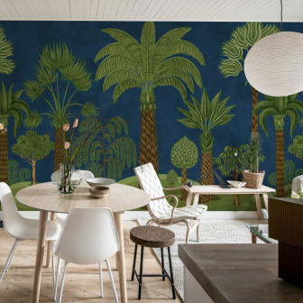 Tapet cu motive botanice, fundal albastru închis, design interior