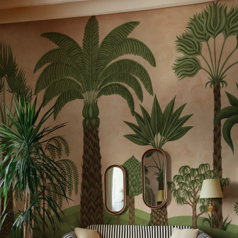 Fototapet cu motive tropicale și nuanțe de piersică într-un living modern