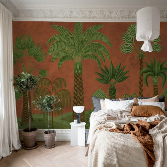 Dormitor cu fototapet tropical cu palmieri