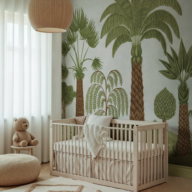 Fototapet cu design botanic cu palmieri, fundal albastru într-o cameră de copii