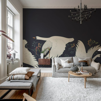 Fototapet cu lebede pe fundal bleumarin intr-un living elegant