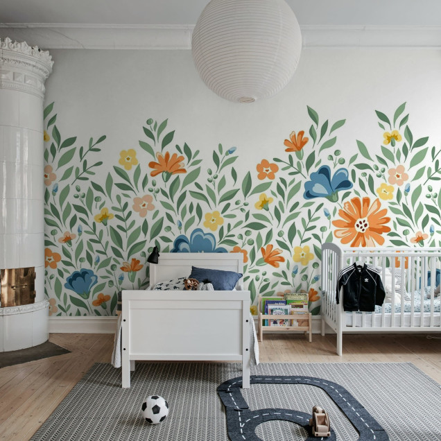 Fototapet cu flori colorate în dormitor