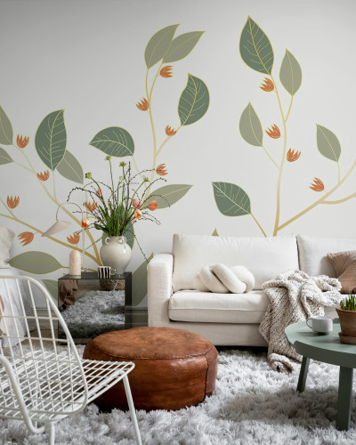 Fototapet cu design botanic, frunze si flori