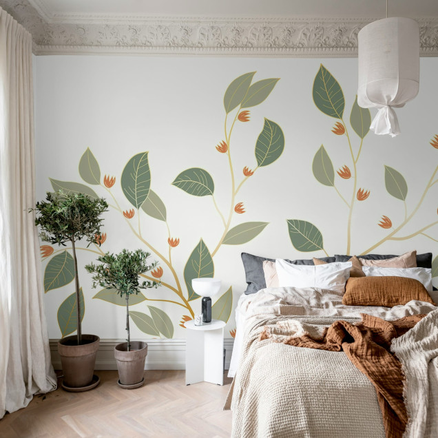 Fototapet cu design botanic, frunze si flori