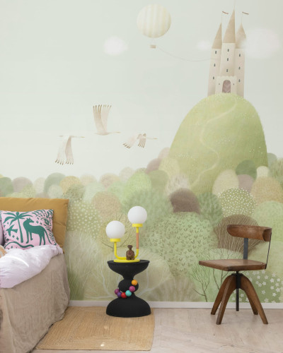 Fototapet cu un castel pe un deal, ideal pentru camera copiilor