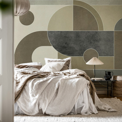 Fototapet cu geometrie abstractă greige într-un dormitor modern