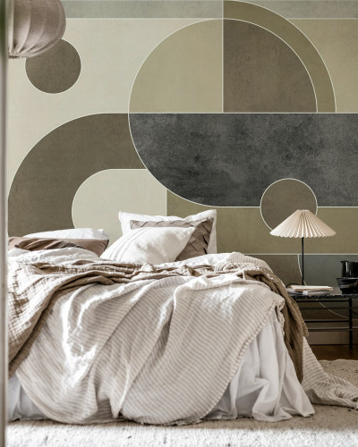 Fototapet cu geometrie abstractă greige într-un dormitor modern