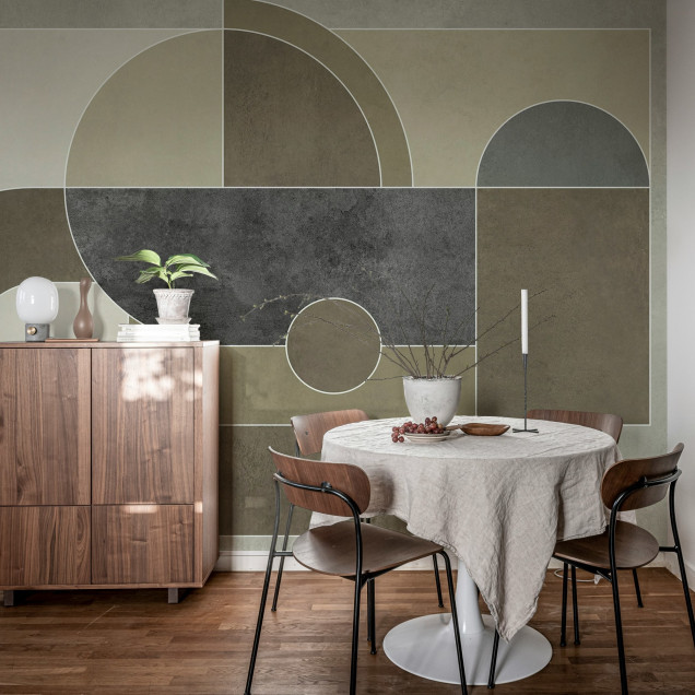 Fototapet cu geometrie abstractă greige într-un dormitor modern