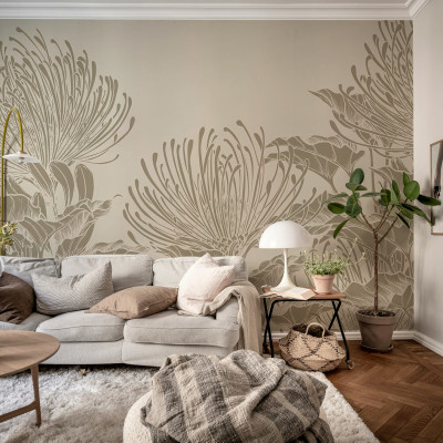 Tapet floral gri cu design elegant într-un living modern