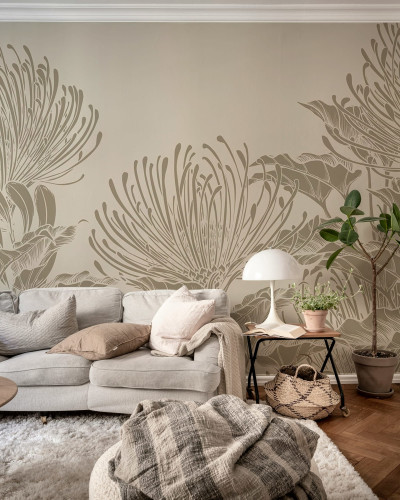 Tapet floral gri cu design elegant într-un living modern