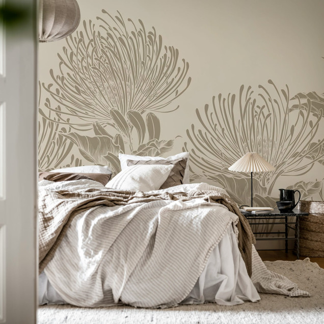 Tapet floral gri cu design elegant într-un living modern