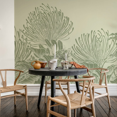 Fototapet floral verde cu design delicat aplicat pe un perete