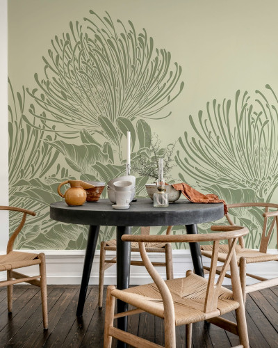 Fototapet floral verde cu design delicat aplicat pe un perete