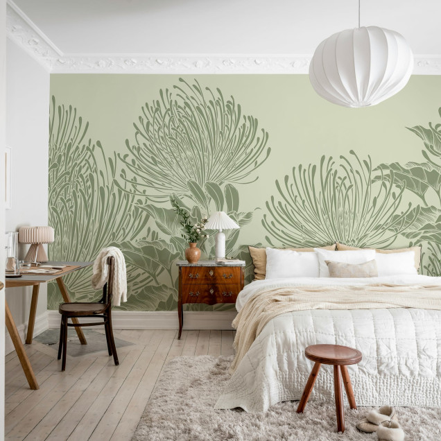 Fototapet floral verde cu design delicat aplicat pe un perete