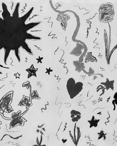 Fototapet alb-negru cu desene artistice într-o cameră de zi