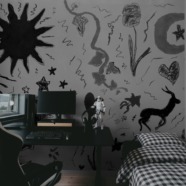 Fototapet alb-negru cu desene artistice într-o cameră de zi