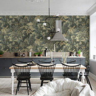 Tapet cu păsări și copaci într-o bucătărie modernă