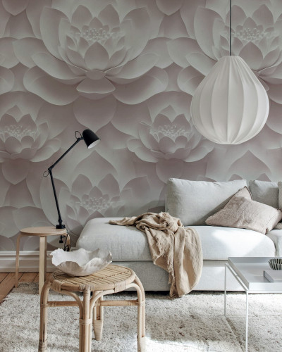Fototapet floral roz în living modern