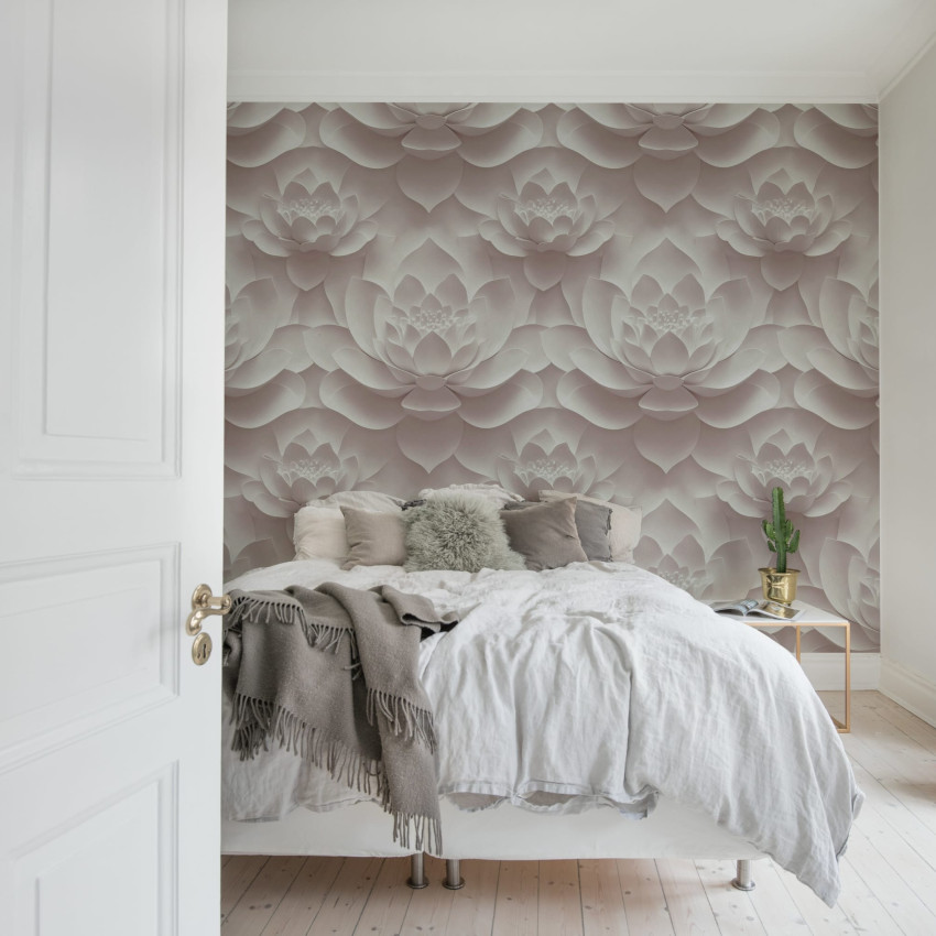 Tapet floral alb cu design de lotus în living modern