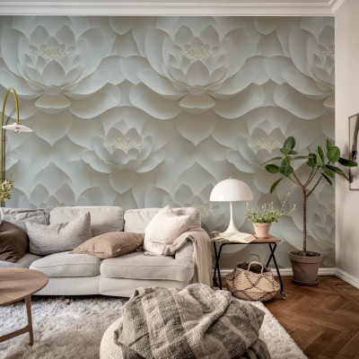 Tapet floral alb cu design de lotus în living modern