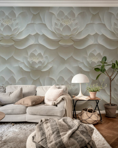 Tapet floral alb cu design de lotus în living modern