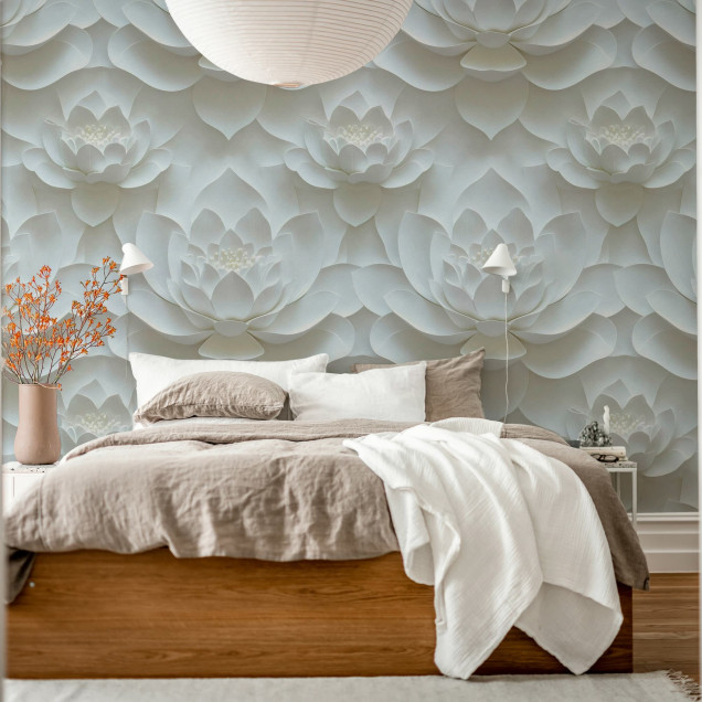 Tapet floral alb cu design de lotus în living modern