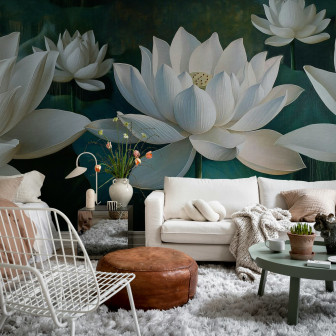 Fototapet cu flori de lotus albe într-un interior elegant