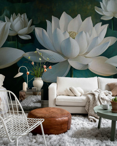Fototapet cu flori de lotus albe într-un interior elegant