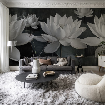 Fototapet floral cu lotus alb pe fundal negru într-un living modern